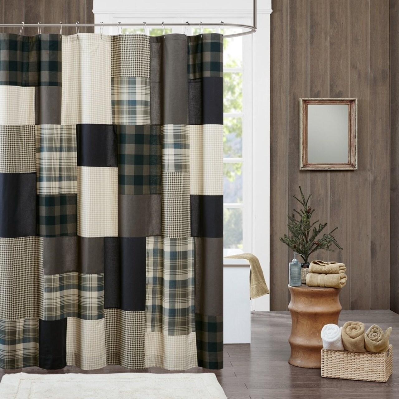 JLA Home INC Winter Hills Cotton Shower Curtain, Plaid Lodge/Cabin Shower Curtains for Bathroom, 72 X 72, Tan